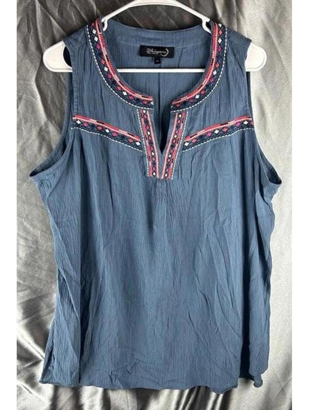 Whispers New York Women's 1X Blue Sleeveless Boho Peasant Blouse Plus Sz